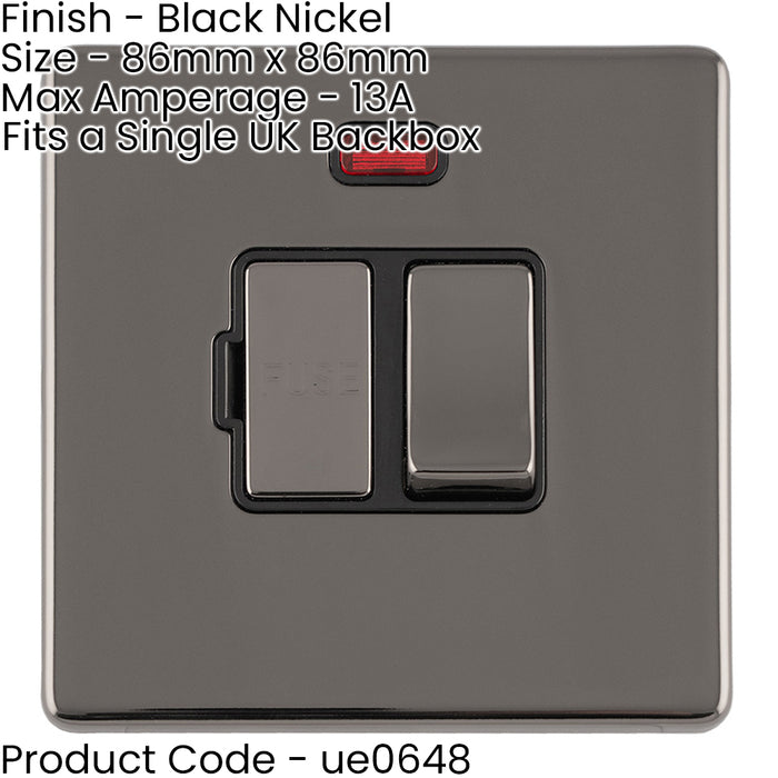 1 Gang 13A Switched Fuse Spur Neon SCREWLESS BLACK NICKEL Rocker Mains Isolation