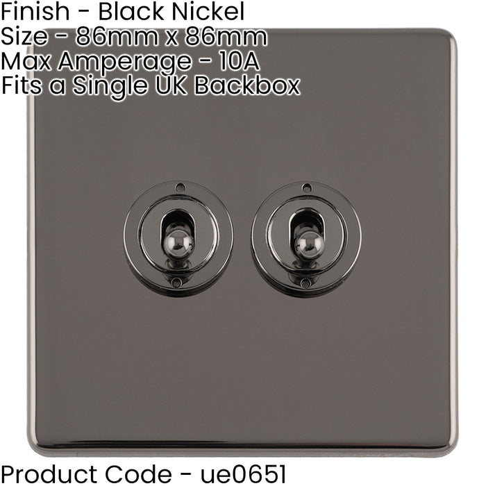 5 PACK 2 Gang Double Retro Toggle Light Switch SCREWLESS BLACK NICKEL 10A 2 Way