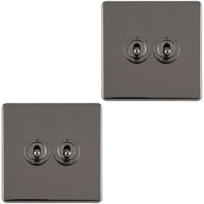 2 PACK 2 Gang Double Retro Toggle Light Switch SCREWLESS BLACK NICKEL 10A 2 Way