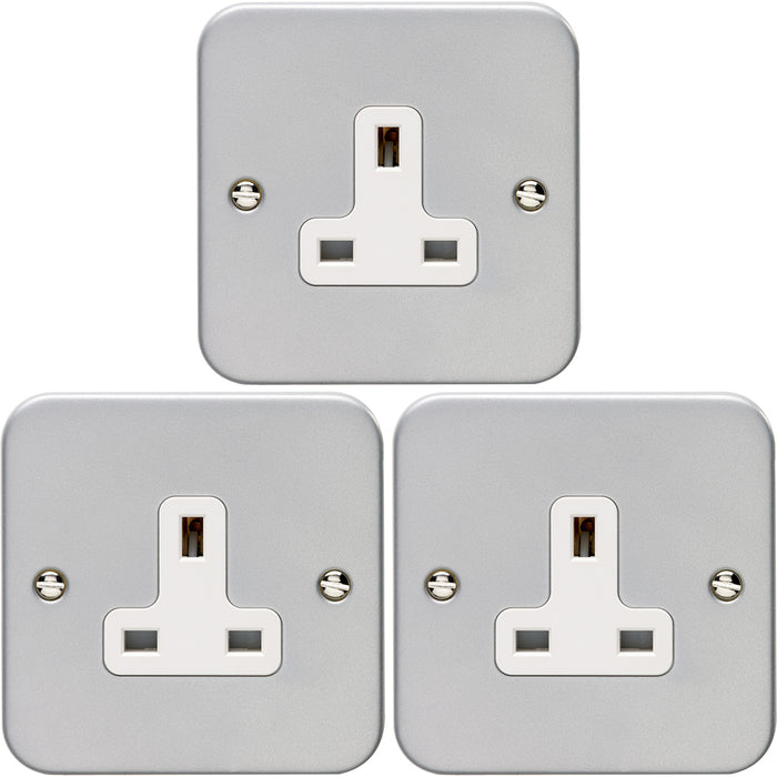 3 PACK 1 Gang Single 13A Unswitched UK Plug Socket HEAVY DUTY METAL CLAD Power