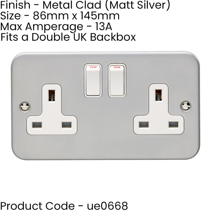 2 PACK 2 Gang Double 13A Switched UK Plug Socket HEAVY DUTY METAL CLAD Power