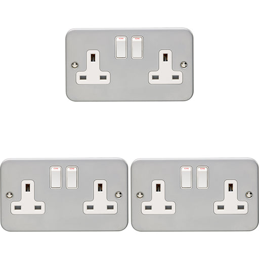 3 PACK 2 Gang Double 13A Switched UK Plug Socket HEAVY DUTY METAL CLAD Power