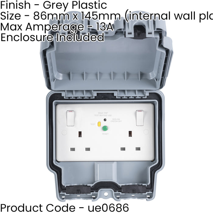 IP66 Outdoor 2 Gang Double 13A UK Plug Socket & 30ma RCD Garden Enclosure Box