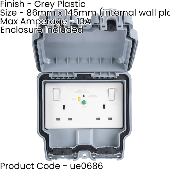 13a Box IP66 Outdoor 2 Gang Double 13A UK Plug Socket & 30ma RCD Garden Enclos ...