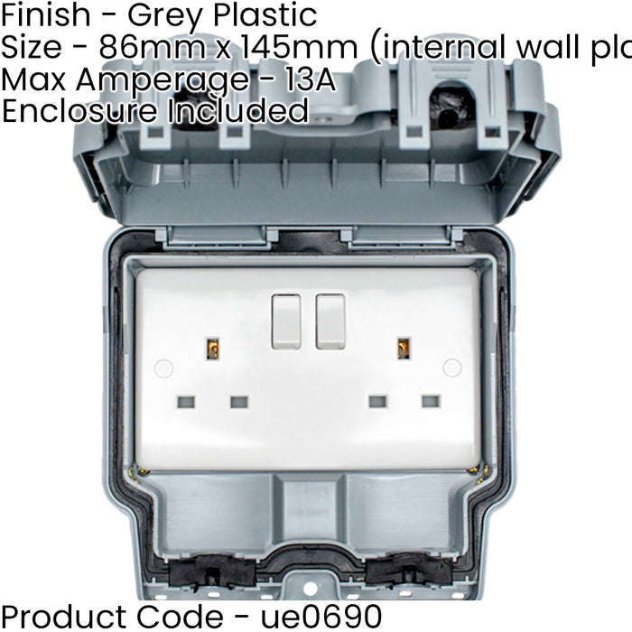 IP66 Outdoor 2 Gang Double Switched 13A UK Plug Socket Garden Enclosure Box