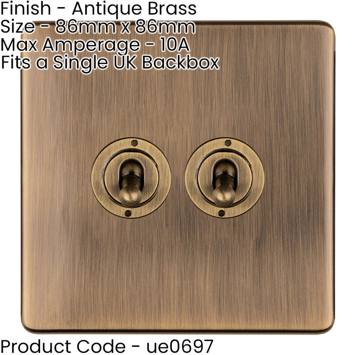5 PACK 2 Gang Double Retro Toggle Light Switch SCREWLESS ANTIQUE BRASS 10A 2 Way