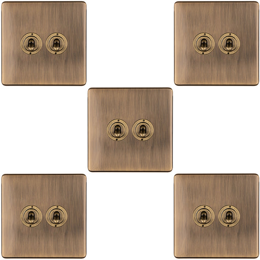 5 PACK 2 Gang Double Retro Toggle Light Switch SCREWLESS ANTIQUE BRASS 10A 2 Way