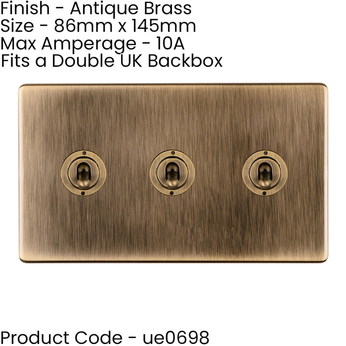 3 PACK 3 Gang Triple Retro Toggle Light Switch SCREWLESS ANTIQUE BRASS 10A 2 Way