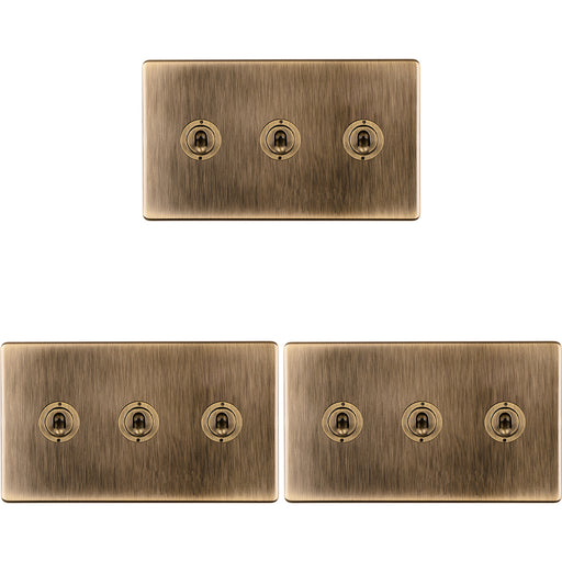3 PACK 3 Gang Triple Retro Toggle Light Switch SCREWLESS ANTIQUE BRASS 10A 2 Way