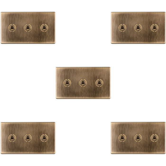 5 PACK 3 Gang Triple Retro Toggle Light Switch SCREWLESS ANTIQUE BRASS 10A 2 Way
