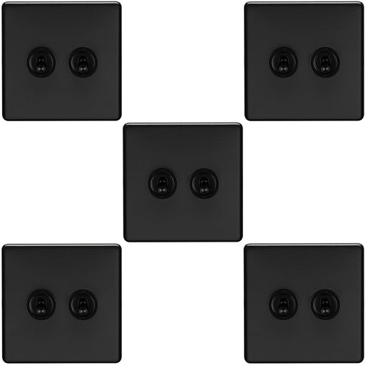 5 PACK 2 Gang Double Retro Toggle Light Switch SCREWLESS MATT BLACK 10A 2 Way