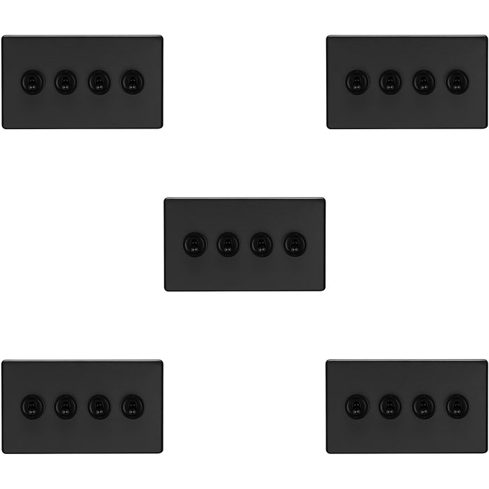 5 PACK 4 Gang Quad Retro Toggle Light Switch SCREWLESS MATT BLACK 10A 2 Way