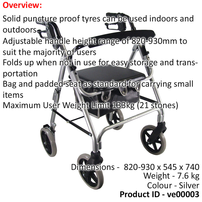 Silver Lightweight 4 Wheeled Rollator Foldable Walking Aid - 133kg Weight Limit Loops