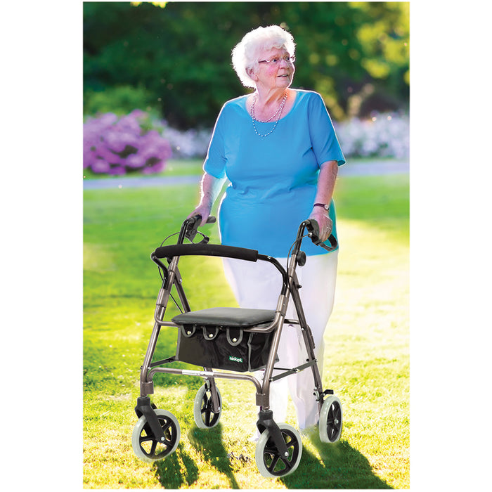 Silver Lightweight 4 Wheeled Rollator Foldable Walking Aid - 133kg Weight Limit Loops