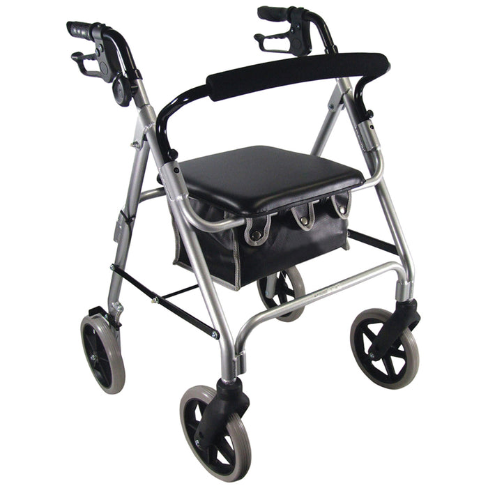 Silver Lightweight 4 Wheeled Rollator Foldable Walking Aid - 133kg Weight Limit Loops