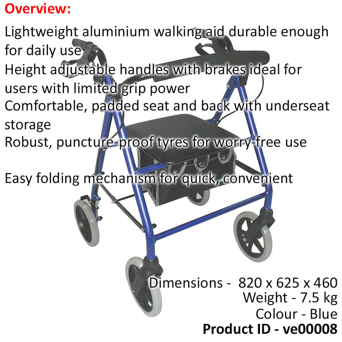 Blue Lightweight Aluminium Rollator 8 Inch Wheels Height Adjustable Walking Aid Loops