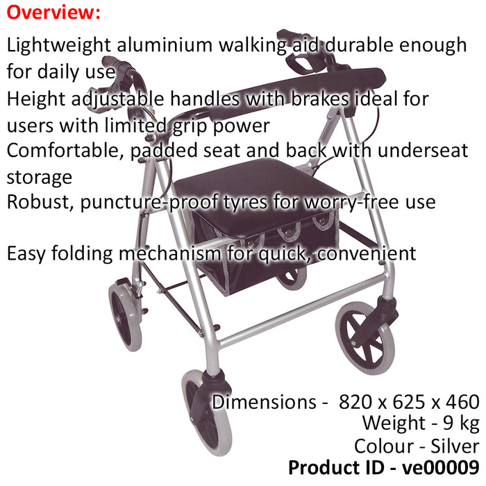 Silver Lightweight Aluminium Rollator 8 Inch Wheels Height Adjustable Walker Loops