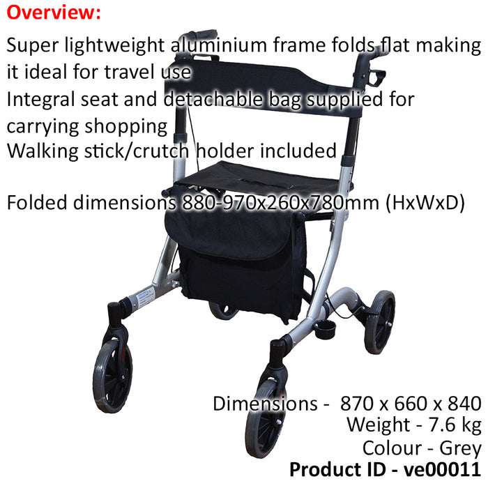 Grey Deluxe Ultra Lightweight Aluminium 4 Wheeled Rollator Foldable Walking Aid Loops