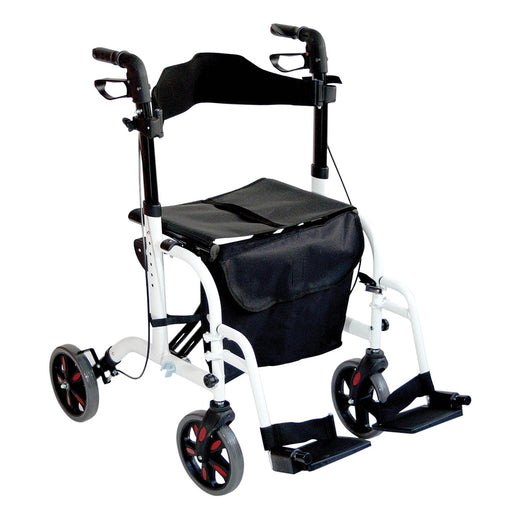 White Deluxe Aluminium Rollator and Transit Chair 2-in-1 Dual Function Walker Loops