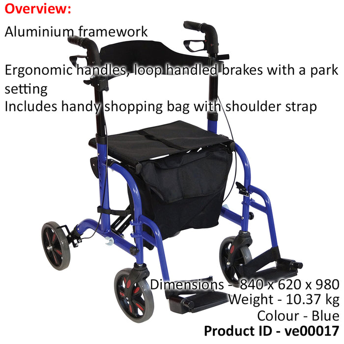 Blue Deluxe Aluminium Rollator and Transit Chair 2-in-1 Dual Function Walker Loops