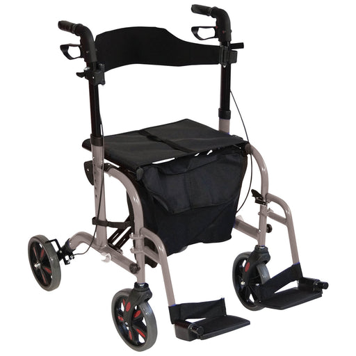 Grey Deluxe Aluminium Rollator and Transit Chair 2-in-1 Dual Function Walker Loops