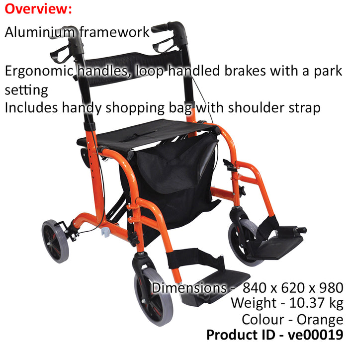 Orange Deluxe Aluminium Rollator and Transit Chair 2-in-1 Dual Function Walker Loops