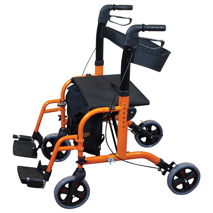 Orange Deluxe Aluminium Rollator and Transit Chair 2-in-1 Dual Function Walker Loops