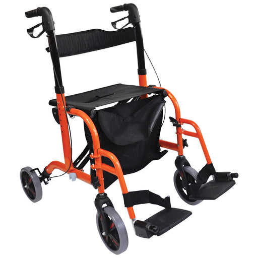 Orange Deluxe Aluminium Rollator and Transit Chair 2-in-1 Dual Function Walker Loops