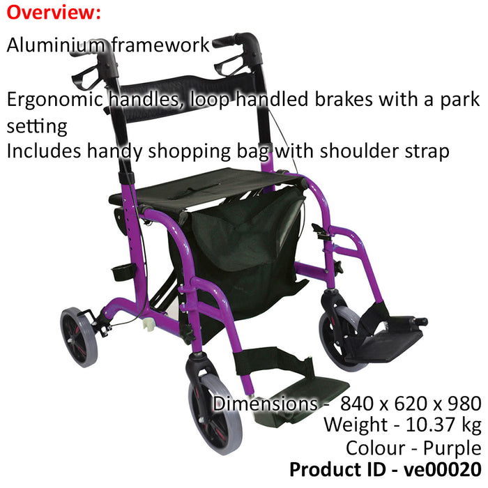 Purple Deluxe Aluminium Rollator and Transit Chair 2-in-1 Dual Function Walker Loops