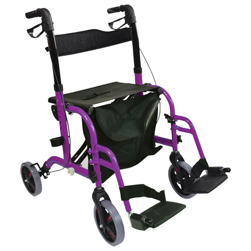 Purple Deluxe Aluminium Rollator and Transit Chair 2-in-1 Dual Function Walker Loops