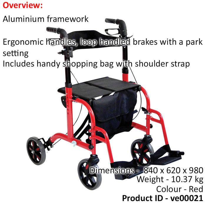 Red Deluxe Aluminium Rollator and Transit Chair 2-in-1 Dual Function Walker Loops