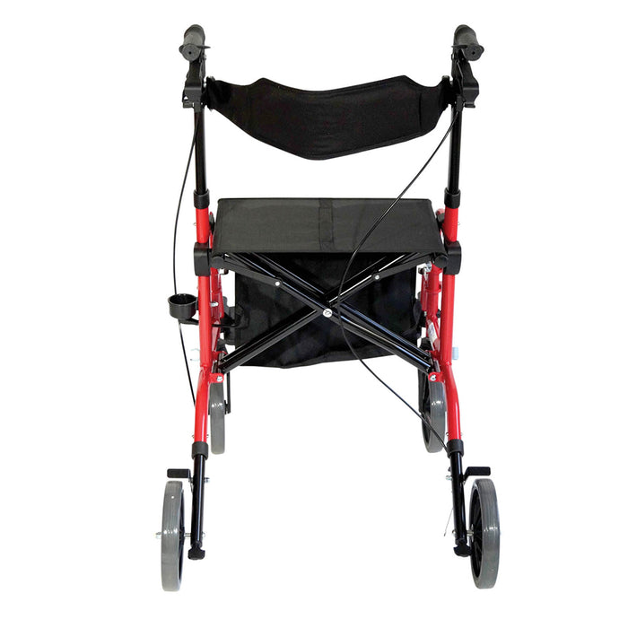 Red Deluxe Aluminium Rollator and Transit Chair 2-in-1 Dual Function Walker Loops