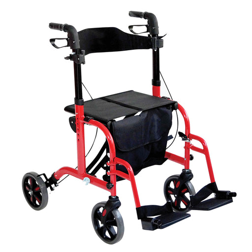 Red Deluxe Aluminium Rollator and Transit Chair 2-in-1 Dual Function Walker Loops