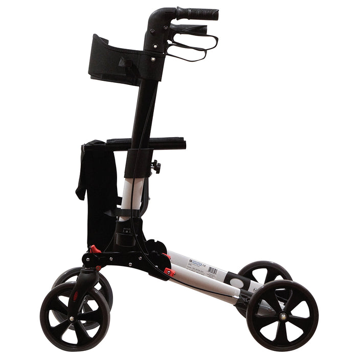 White Aluminium 4 Wheel Rollator Walking Aid - Flat Folding - 136kg Weight Limit Loops