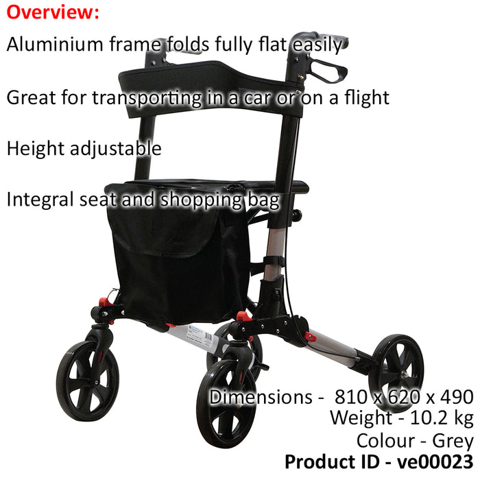 Grey Aluminium 4 Wheel Rollator Walking Aid - Flat Folding - 136kg Weight Limit Loops