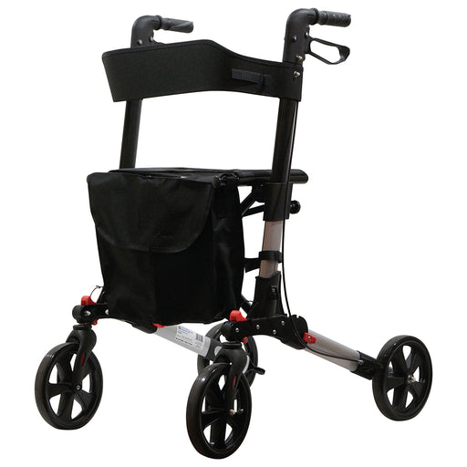 Grey Aluminium 4 Wheel Rollator Walking Aid - Flat Folding - 136kg Weight Limit Loops