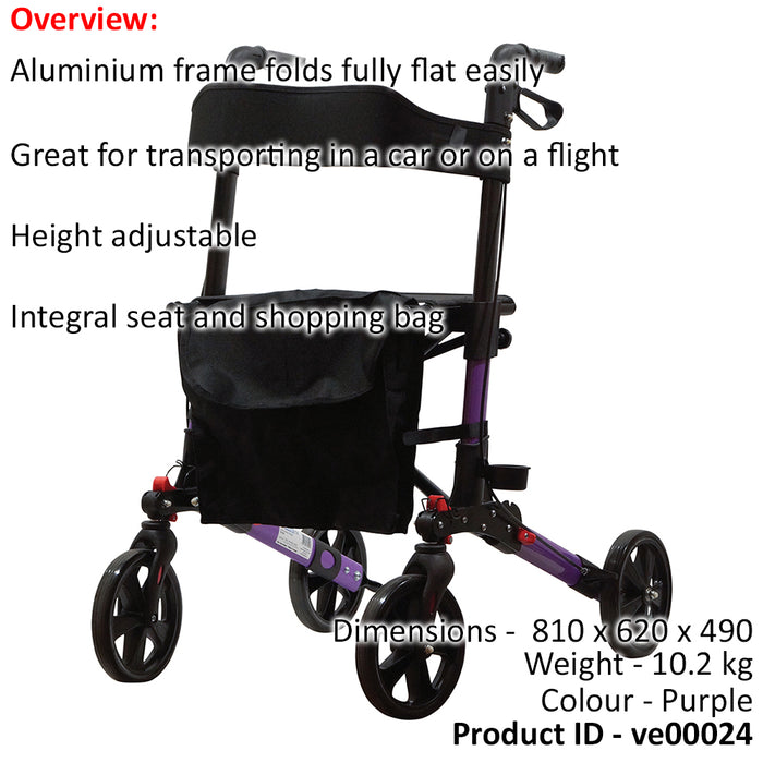 Purple Aluminium 4 Wheel Rollator Walking Aid - Flat Folding 136kg Weight Limit Loops