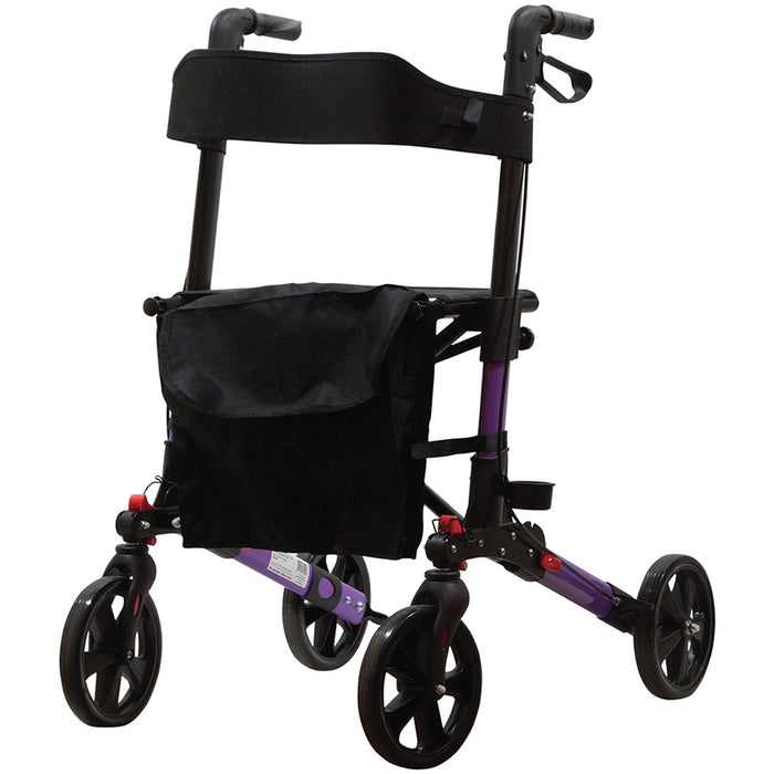 Purple Aluminium 4 Wheel Rollator Walking Aid - Flat Folding 136kg Weight Limit Loops