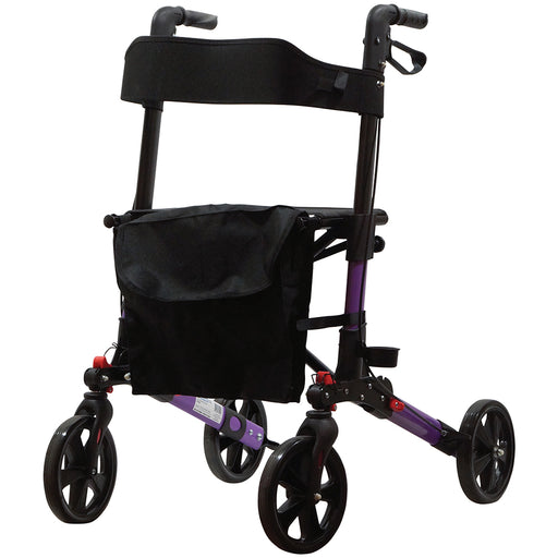 Purple Aluminium 4 Wheel Rollator Walking Aid - Flat Folding 136kg Weight Limit Loops
