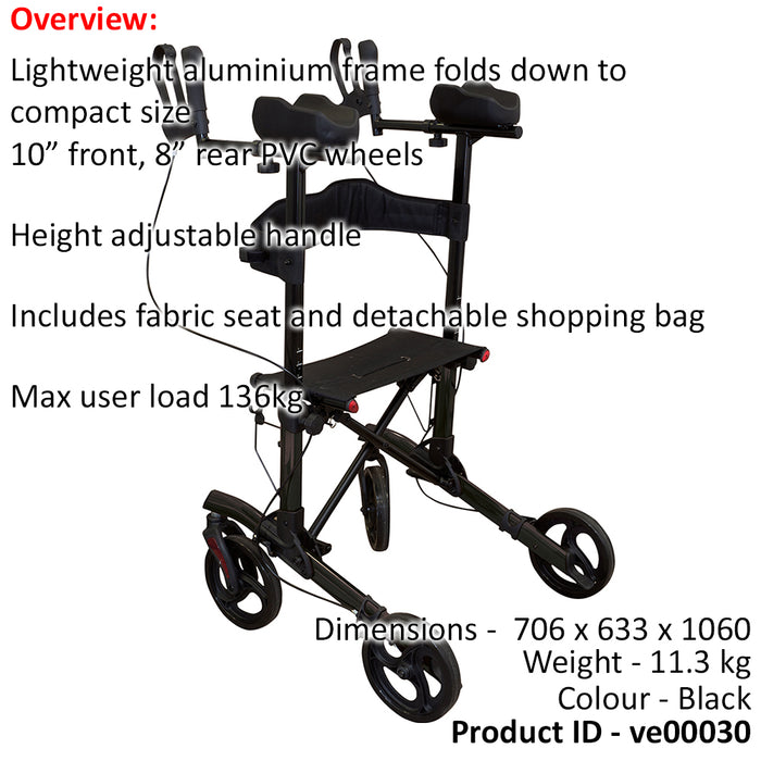Black Lightweight Aluminium Forearm Rollator Mobility Aid - 136kg Weight Limit Loops