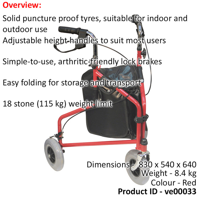 Red Three Wheeled Steel Walker - Puncture Proof Tyres - 115kg Weight Limit Loops
