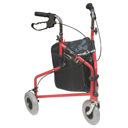 Red Three Wheeled Steel Walker - Puncture Proof Tyres - 115kg Weight Limit Loops