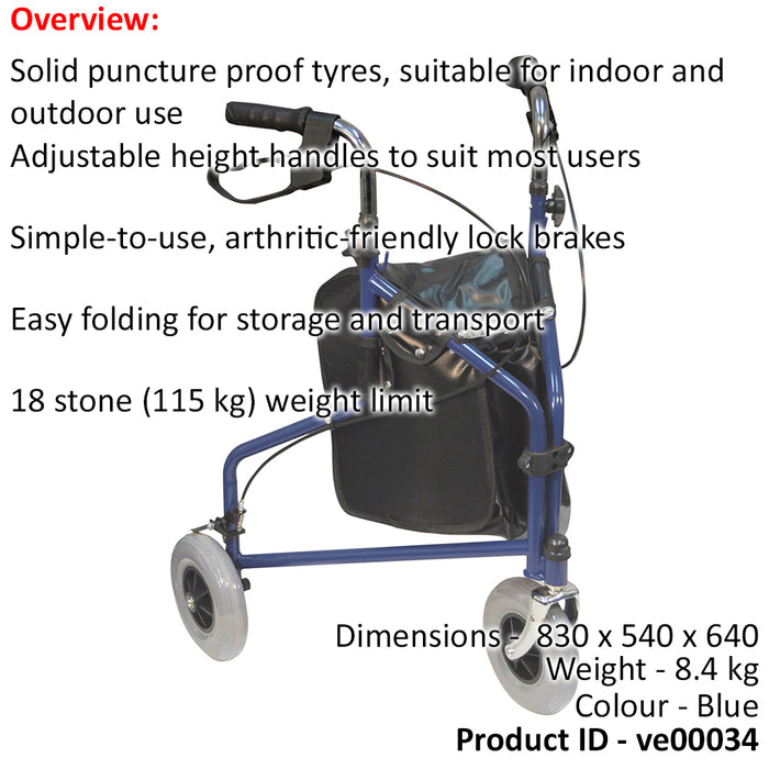 Blue Three Wheeled Steel Walker - Puncture Proof Tyres - 115kg Weight Limit Loops