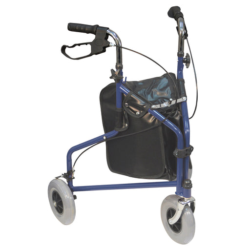 Blue Three Wheeled Steel Walker - Puncture Proof Tyres - 115kg Weight Limit Loops