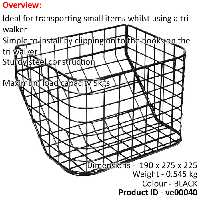 Lightweight Tri-Walker Basket - Sturdy and Removable - Easy Install Max Load 5kg Loops