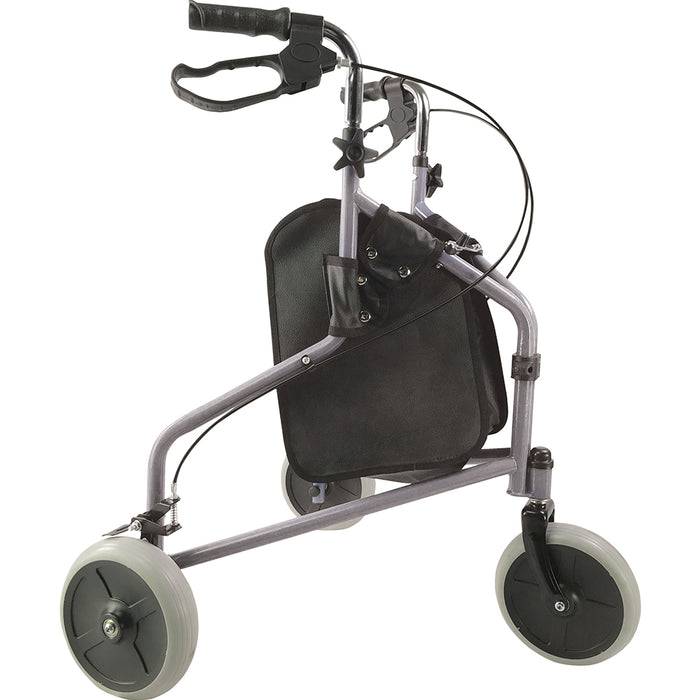 Silver Three Wheeled Steel Tri-Walker - Height Adjustable - 115kg Weight Limit Loops