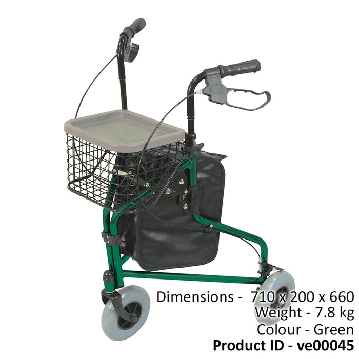 Green Three Wheeled Foldable Tri-Walker - Bag Included - 132kg Weight Limit Loops