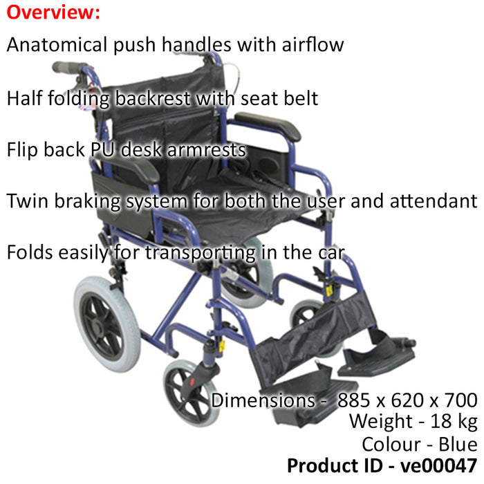 Deluxe Attendant Propelled Steel Wheelchair - Compact Foldable Design - Blue Loops