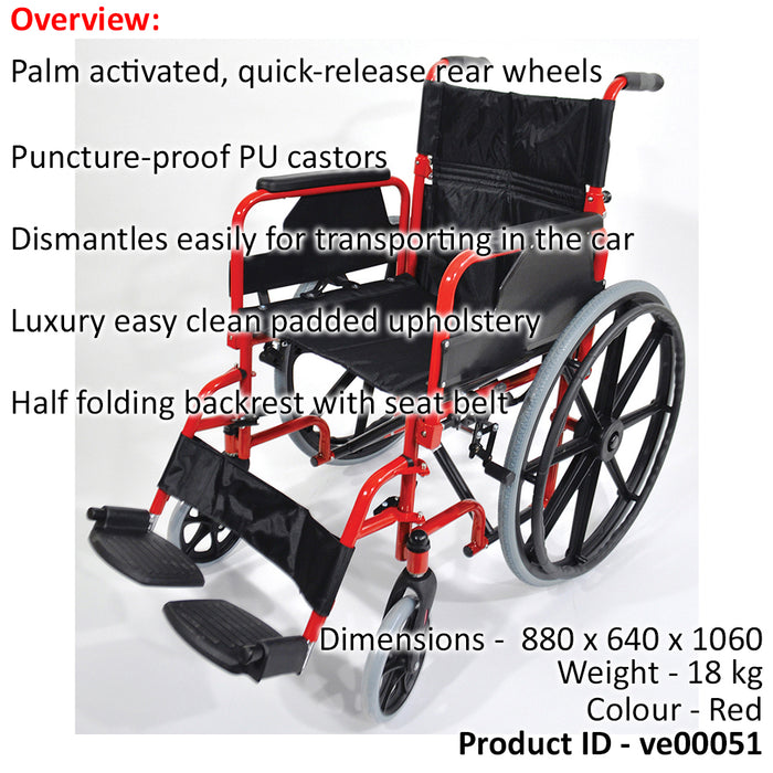 Deluxe Self Propelled Steel Wheelchair - Semi-Foldable Design - Red Finish Loops