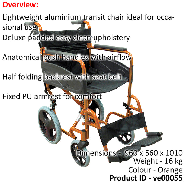 Lightweight Aluminium Compact Attendant Propelled Transport Wheelchair - Orange Loops